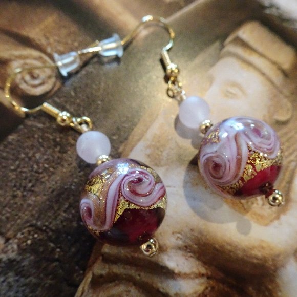 Handmade Aventurina red and pink Murano earrings in classic style - Picture 1 of 5